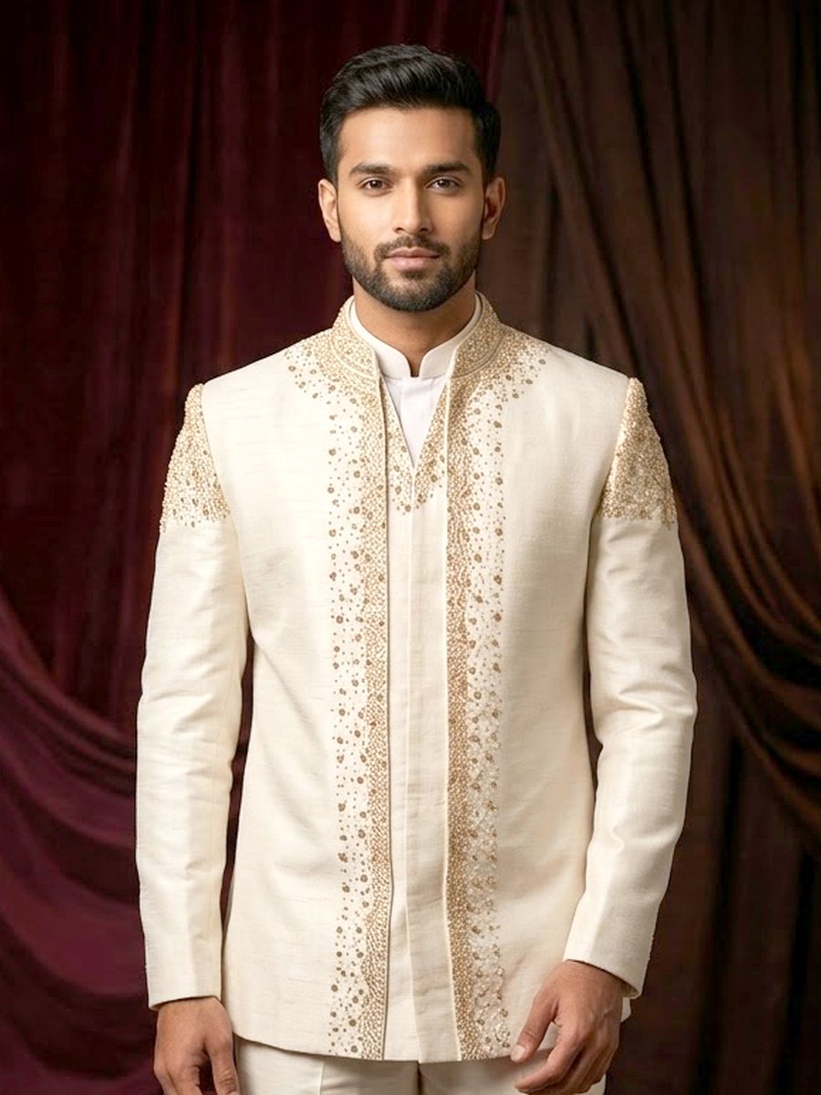 Cream Jodhpuri with gold beadwork