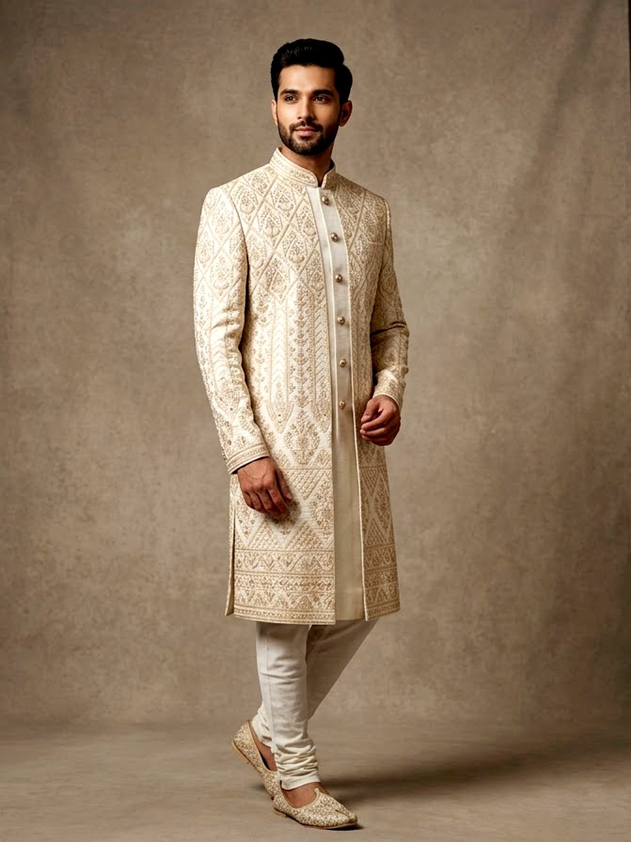 Long ivory Jodhpuri with lattice embroidery