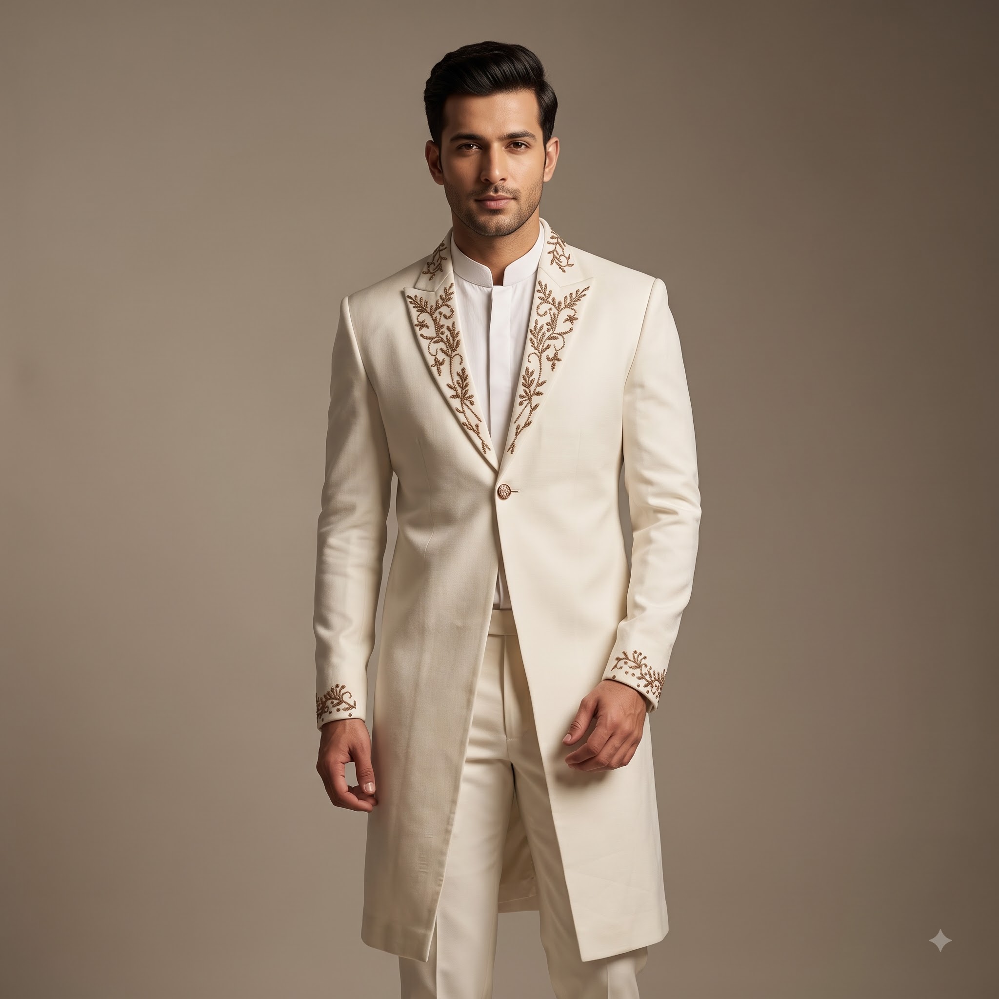 Ivory long-coat Sherwani with embroidered lapel