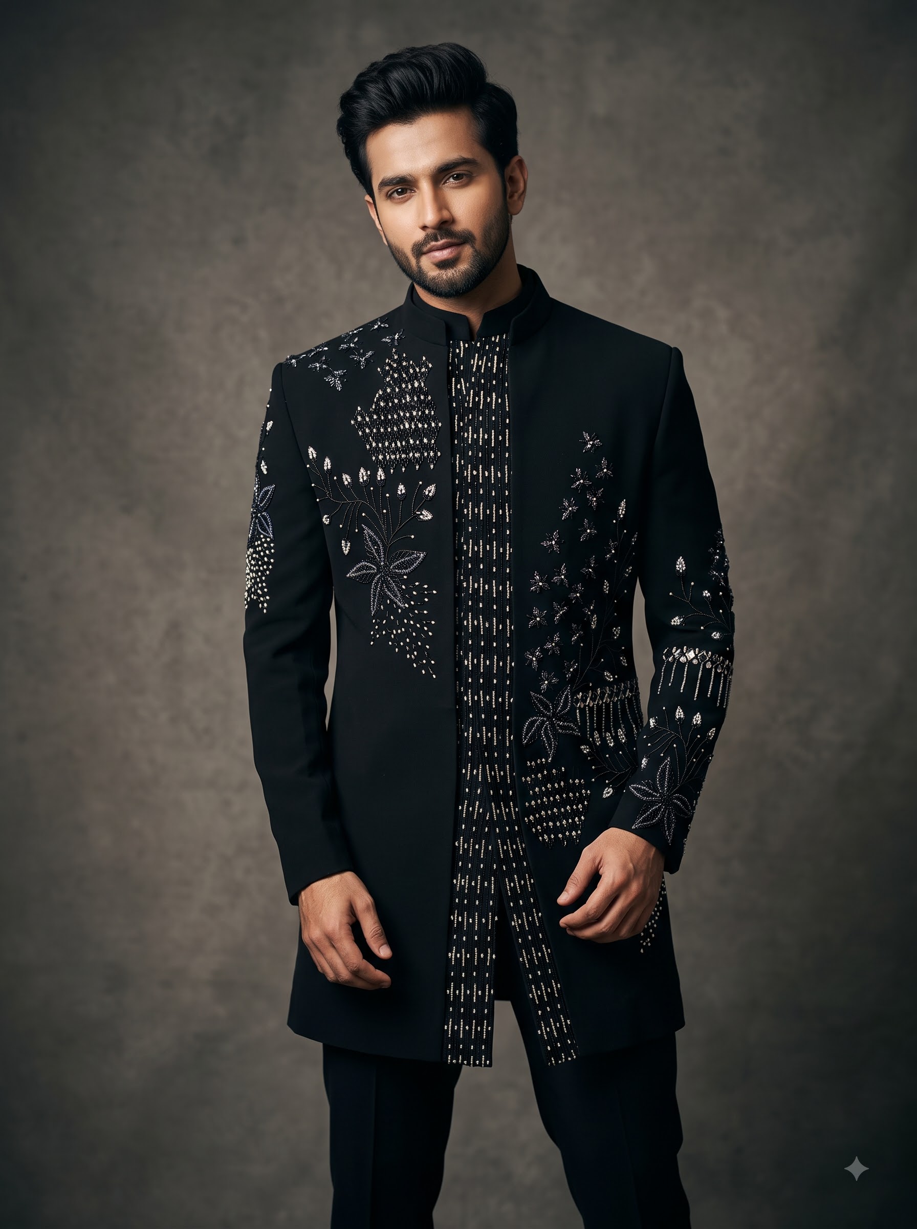 Black embellished Sherwani for rent in Kerala