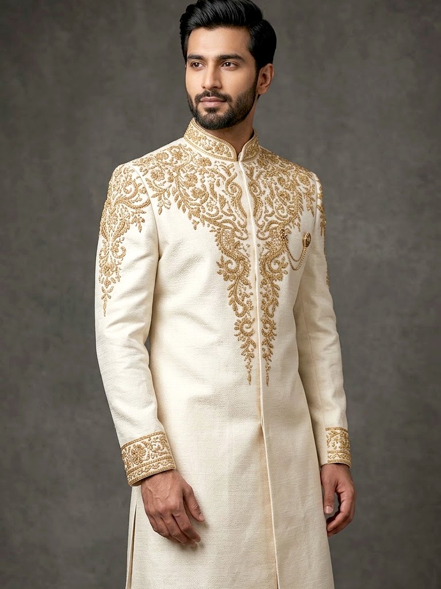 Ivory Usthad Coat with gold embroidery