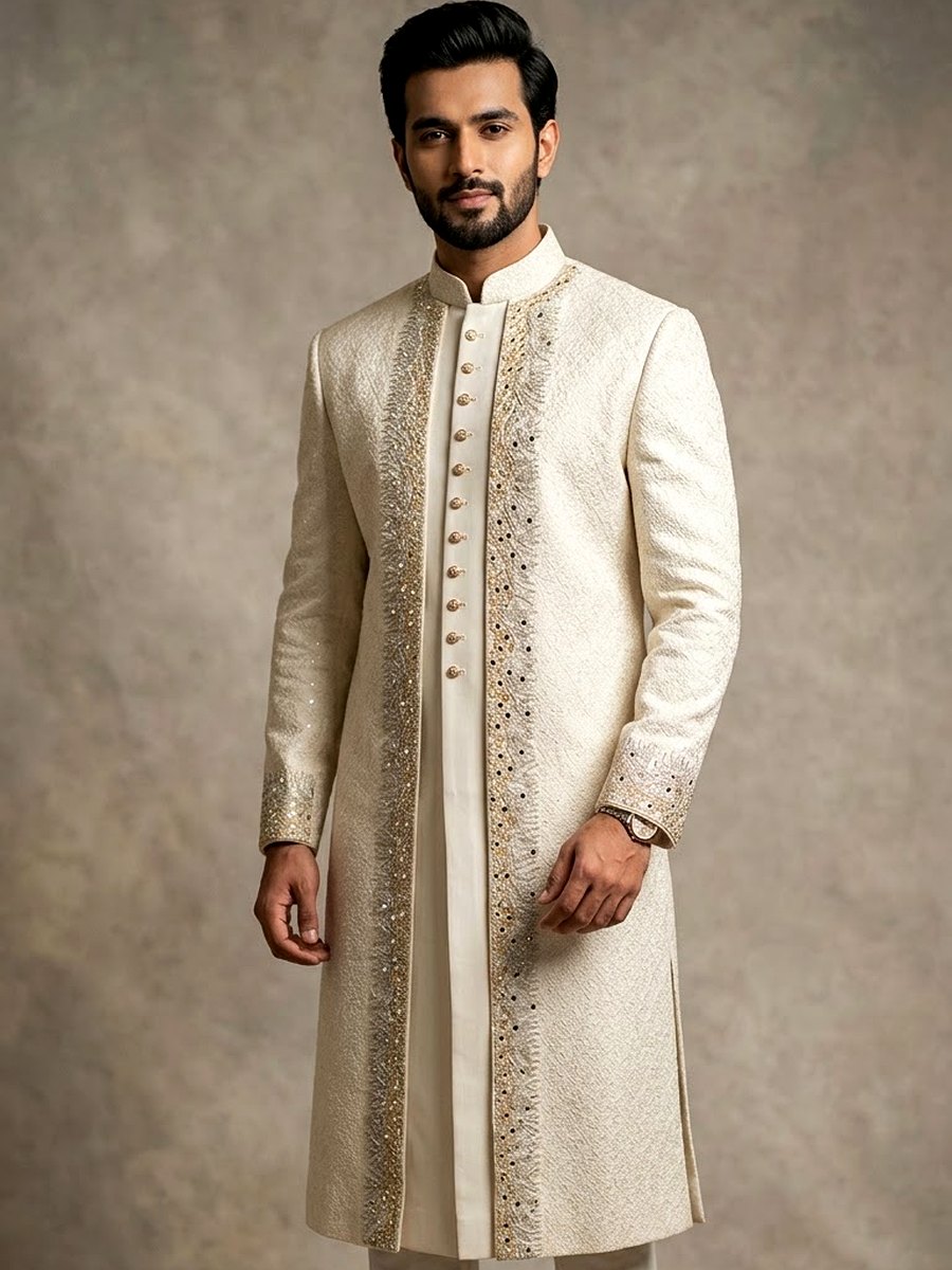 Well-fitted ivory Usthad Coat with embellished borders